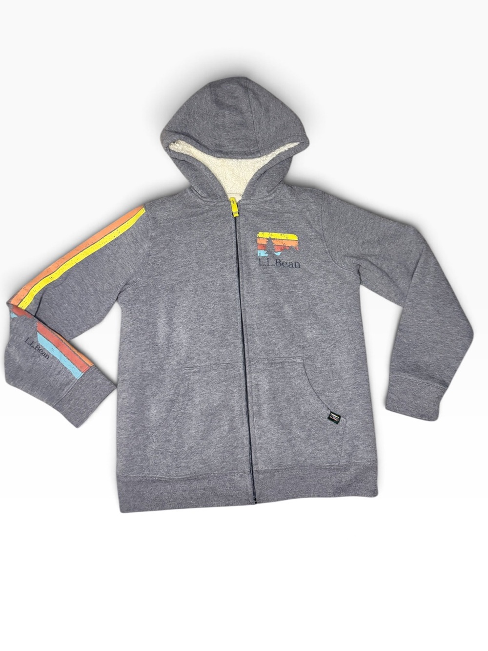 L.L. Bean Gray Kids Zip Hoodie with Multicolor Stripe Details-Kids 10-12